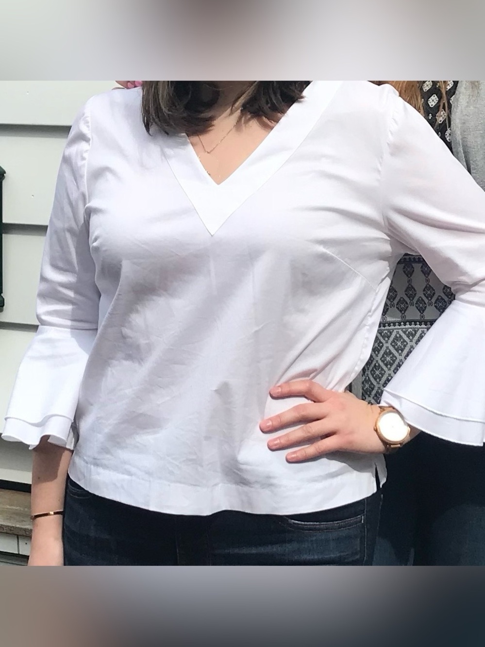 White House Black Market White V-Neck Bell Sleeve Top, Size 14